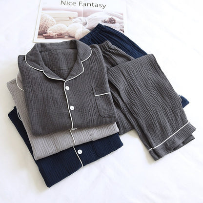 Men's Pajamas Suit Loose Spring And Autumn Double-layer Gauze Plus Size Cotton Crepe Long Sleeve