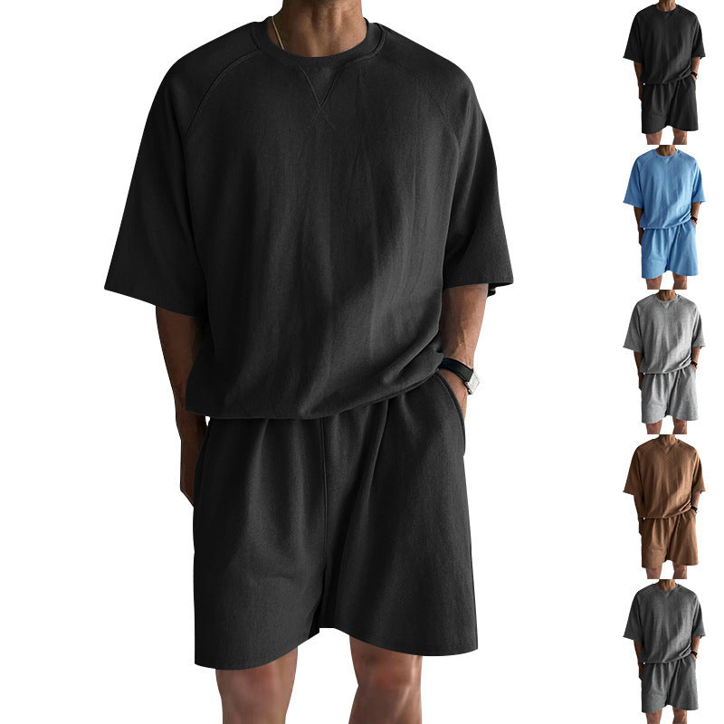 Men's Terry Casual Round Neck Sports Shorts Short Sleeve Two-piece Set