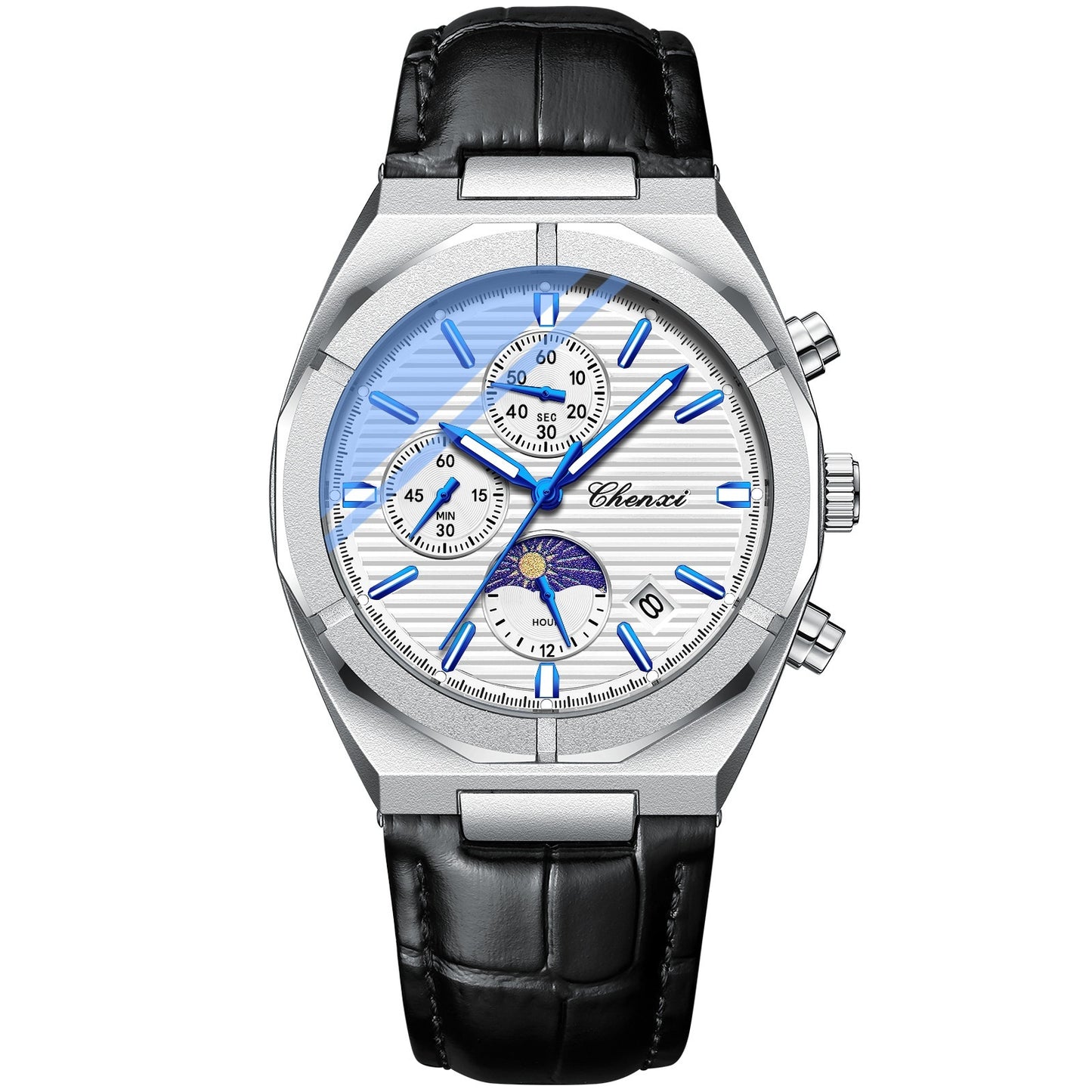 Multi-functional Men's Moon Phase Calendar Chronograph Waterproof Quartz Watch