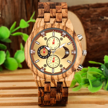 New Multi-functional Calendar Full Wood Band Quartz Watch